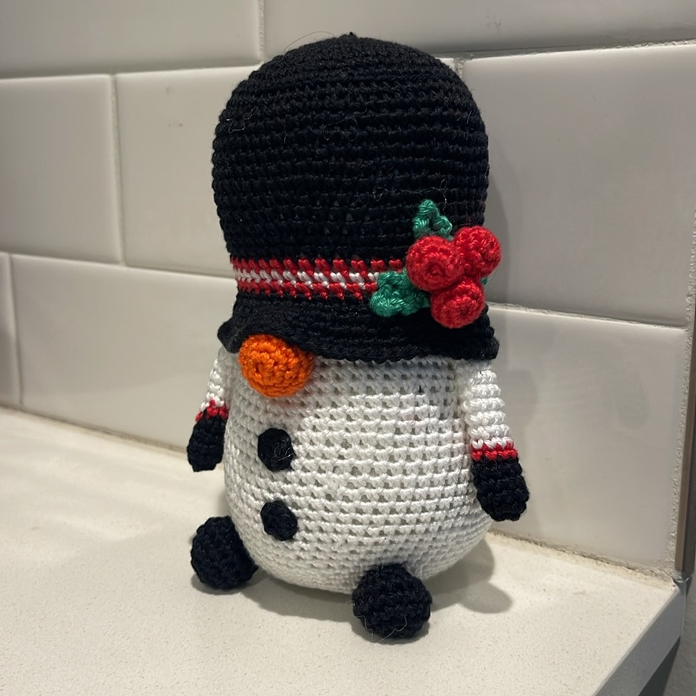 Handcrafted Snowman Gnome with Holly Winter Holiday Seasonal Christmas Crochet - Picture 2 of 12